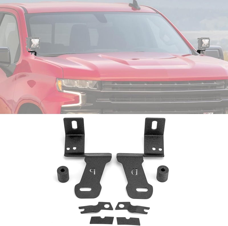 ROMELACK Hood Mount Brackets Ditch Light Pods Bracket No Drilling Compatible with Chevy Silverado Fit GMC Sierra 1500 2500 3500 2019-2024 - Image 1